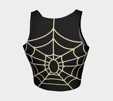 Goth Goul summer is here! This fun spiderweb print crop tank top features a vintage inspired ivory spiderweb print on black stretch fabric. This fabric is perfect for working out and you can even swim in it! These crop tops run small so I would size up. These are made to order and no discounts can be used and no returns. If you have any questions about size please email us prior to ordering. Please allow 2-3 weeks to ship your order. • Made from 88% polyester, 12% spandex performance knit fabric Black Stretch Crop Top For Halloween, Black Stretch Tank Top For Halloween, Fitted Black Crop Top For Halloween, Black Sleeveless Crop Top For Halloween, Fitted Sleeveless Crop Top For Halloween, Spiderweb Top, Athletic Crop Top, Crop Tank Top, Montreal Canada