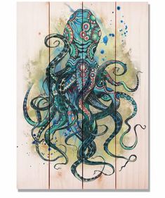 an octopus is painted on wood planks