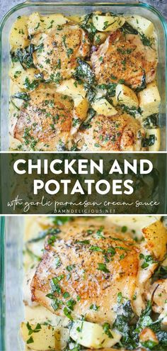 chicken and potatoes in a casserole dish with spinach garnishes