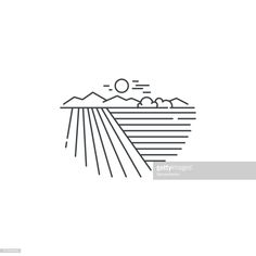 a line drawing of the sun rising over mountains