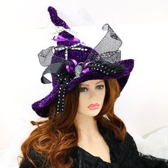 Ready for the renfair, cosplay, a festival, Halloween, a visit to Salem, or just for fun - this Big Bow sparkling velvet witch hat is easy to wear. Soft enough to fold for travel, but firm enough to stand on its own. This hat has that creepy elegance that is so hard to find, but can also be transformed into your everyday witchy look. Just move the bows around or take them off for a completely different look. I've crocheted the crooked into the hat so the tip is already angled. The removable tulle ribbon bow is layered with sparkling Tulle and satin ribbons and a rat just for fun. Three additional removable ribbons sit above the big bow. The 3" wired brim can be shaped to frame your face any way you like. Folds flat for travel.  -This witchy hat has stretch so it will comfortably fit betwee Goblincore Halloween Cosplay Costumes, Goblincore Costumes For Halloween Fantasy Events, Halloween Goblincore Costumes For Fantasy Events, Novelty Costume Hat With Curved Brim, Goblincore Costumes For Halloween, Novelty Costume Cap Hat, Halloween Novelty Costume Hat With Wide Brim, Halloween Novelty Wide Brim Costume Hat, Goblincore Costumes For Halloween Costume Party