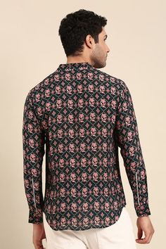 Blue shirt featuring floral and geometric print all over with front button placket. - Aza Fashions Patterned Ikat Print Long Sleeve Tops, Long Sleeve Cotton Top With Ikat Print, Cotton Ikat Print Long Sleeve Top, Floral Geometric, Shirt Pattern, Blue Shirt, Button Placket, Aza Fashion, Full Sleeve