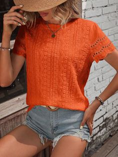 Women's Boho Blouse Top Summer Casual Lace Crew Neck Short Sleeve Tee Casual Non-stretch Crew Neck Blouse, Orange Solid Color Summer Tops, Non-stretch Crew Neck Casual Blouse, Orange Crew Neck Top For Spring, Orange Short Sleeve Blouse For Fall, Bohemian Short Sleeve Smocked Top, Orange Short Sleeve Solid Color Tops, Bohemian T-shirt For Beach With Short Sleeves, Summer Bohemian V-neck Short Sleeve Top