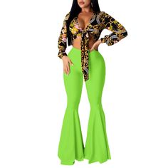 Fluorescent Green Ruffled Hem Nightclub Flare Pants Green Stretch Pants For Party, High Waist Pants For Club And Spring Season, High Waist Pants For Club In Spring, Green Flared Party Bottoms, Neon Bottoms For Summer Party, Flare Green Bottoms For Party, Spring Disco Club Bottoms, Yellow High-waist Pants For Party, Fitted Green Bottoms For Club