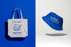 two images one with a blue hat and the other has a white tote bag