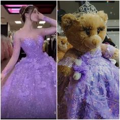 a woman in a purple dress standing next to a teddy bear wearing a tiara