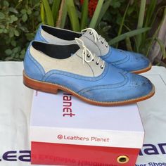 Bespoke Handmade Classic men Blue and Suede Leather Wingtip Oxford Dress Shoes on Storenvy Quality Leather Boots, Wingtip Shoes, Custom Design Shoes, Handmade Leather Shoes, Oxford Dress Shoes, Wingtip Oxford, Brogue Shoes, Oxford Dress, Swag Shoes