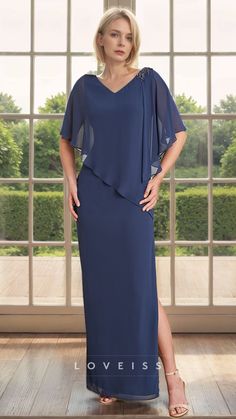 Expertly crafted from luxurious chiffon, this V-neck dress is the perfect choice for any mother of the bride. The short sleeves add a touch of elegance, while the flowy fabric drapes beautifully for a flattering fit. Perfect for any cocktail event, this dress is a must-have for your formal wardrobe. Mother Of Bride Dress, Ruffle Beading, Chiffon Cocktail Dress, Mob Dresses, Beaded Chiffon, Mother Of Bride, Column Gown, Mothers Dresses, Mother Of The Bride Dress