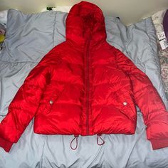 Red, Comfy, Red Puffer Jacket With Pockets, Red Long Sleeve Winter Puffer Jacket, Red Hooded Puffer Jacket With Pockets, Red Winter Puffer Outerwear, Casual Red Winter Outerwear, Red Puffer Jacket With Pockets For Cold Weather, Red Puffer Outerwear For Cold Weather, Red Puffer Outerwear, Red Puffer Outerwear For Fall