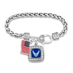 us-air-force-bracelet-square-crystal-with-flag-accent Usmc Mom, Marine Jewelry, Broken Arrow Oklahoma, Navy Bracelet, Navy Jewelry, Navy Mom, Square Crystal, Silver Cleaner, Broken Arrow