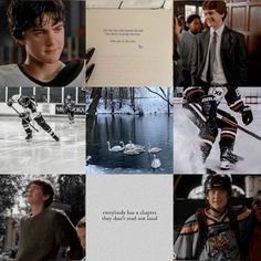 a collage of photos with hockey players and swans in the background, including an image of a young man playing ice hockey