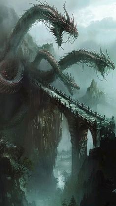 a large dragon flying over a bridge in the middle of a mountain range with people standing on it