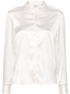 light beige silk blend stretch-design satin finish pointed flat collar long sleeves bead embellishment buttoned-cuff sleeves straight hem front button fastening