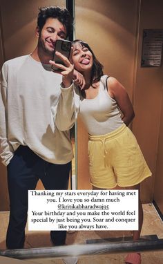 a man and woman taking a selfie in front of a mirror with the caption'thank my stars everyday for having met you