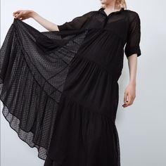 Polyester Black Maxi Dress With Ruffles For Casual Wear, Black Maxi Dress With Ruffles For Casual Occasions, Black Ruffled Maxi Dress For Casual Occasions, Elegant Flowy Polka Dot Dress, Spring Black Maxi Dress For Daywear, Black Maxi Dress For Spring Daywear, Elegant Swiss Dot Midi Dress, Elegant Black Swiss Dot Dress, Black Spring Daywear Dress