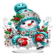 a snowman figurine is shown in blue and white with red mittens