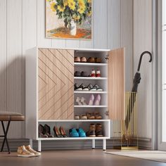 a shoe rack with several pairs of shoes in it