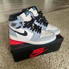 Jordan 1 Retro High White University Blue Black, Size 8.5, Barley Used (Worn 3 Times) Nike Shoes Jordan, Shoes Jordan 1, Nike Shoes Jordans, Shoes Jordan, University Blue, Jordan 1 Retro High, Jordan 1 Retro, Barley, Jordan Shoes