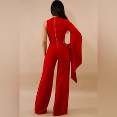 Brand New With Tags Red Fitted Jumpsuits And Rompers For Party, Fitted Red Pantsuit For Evening, Red Long Sleeve Pantsuit For Party, Spring Red Pantsuit For Night Out, Red Pantsuit For Spring Night Out, Chic Red Overall Jumpsuit, Red Overall Jumpsuit For Party, Elegant Red Overall Jumpsuit/romper, Red Evening Pantsuit For Spring