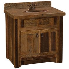 a wooden sink cabinet with two drawers and a faucet