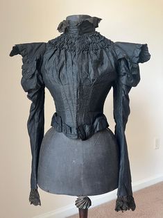 1899 1900 Victorian Black Bodice - Etsy UK Fitted Victorian Historical Dress, Victorian Fitted Ruffle Blouse, Victorian Fitted Ruffled Blouse, Fitted Victorian Blouse With Ruffles, Black Fitted Gothic Bodice, Fitted Black Gothic Bodice, Black Victorian Dress With Ruffles, Formal Long Sleeve Victorian Dress, Formal Fitted Victorian Dress With Long Sleeves