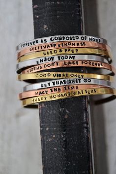 Hand Stamped Cuff Bracelet - Personalized Stacking Bracelet - Custom Mantra Bracelet - Inspirational Stamped Bracelet Sayings, Bracelet Stamping Ideas, Stamp Bracelet Ideas, Hand Stamped Bracelets, Stamped Bracelet Ideas, Inspirational Gold Friendship Bracelets Gift, Inspirational Gold Friendship Bracelets, Gold Stackable Friendship Bracelets As Gift, Inspirational Adjustable Gold Friendship Bracelets