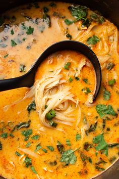 a ladle full of soup with noodles and greens