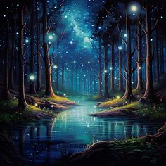 a painting of a night scene with stars and lights in the sky above a river