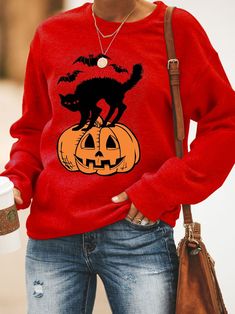 Halloween Casual Long Sleeve Sweatshirt Red Cartoon Print Sweatshirt For Fall, Red Crew Neck Halloween Hoodie, Red Crew Neck Hoodie For Halloween, Red Sweatshirt For Halloween Streetwear, Red Casual Hoodie For Halloween, Red Halloween Sweatshirt For Streetwear, Casual Red Hoodie For Halloween, Red Halloween Streetwear Sweatshirt, Red Long Sleeve Tops For Halloween