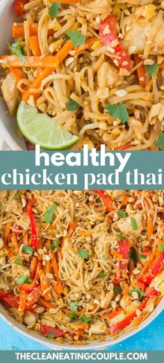 healthy chicken pad thai noodles in a white bowl