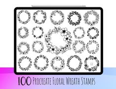 the floral wreath stamp set is shown in black and white on a rainbow colored background