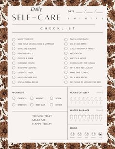 This Off White and Brown Floral Self Care Planner Page is just what you need to create the perfect personalized self care planner. Before Bed Workout, Daily Self Care, Self Care Checklist, Writing Therapy, Get My Life Together, Planner Templates