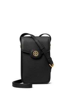 black leather pebbled texture gold-tone logo plaque adjustable shoulder strap foldover top with magnetic fastening main compartment Travel Crossbody Bag With Gold-tone Logo Plaque, Travel Crossbody Shoulder Bag With Gold-tone Logo Plaque, Classic Black Bag With Gold-tone Logo Plaque, Black Shoulder Bag With Gold-tone Logo For Everyday Use, Everyday Leather Shoulder Bag With Gold-tone Logo, Leather Travel Bags With Gold-tone Logo Plaque, Leather Travel Bags With Gold-tone Logo, Mini Bag Black, Tory Burch Robinson