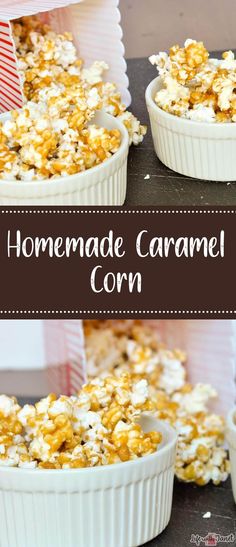 homemade caramel corn in white dishes on a table