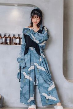 Embrace elegance with our Japanese Kimono Dress 3-Piece Pajamas Set. Includes coat, top, and pants for a chic look. Perfect for relaxing in style. Shop now and enjoy #USIndependencedaysale #kimono #pajamas #elegance #chic #cozy #comfy #fashion #style #homewear #relax #nightwear #soft #comfort #luxury #trendy Loungewear Sets With Pockets, Blue Sleep Pants For Spring, Blue Spring Sleep Pants, Blue Wide Leg Sleepwear For Pajama Party, Spring Wide Leg Loungewear Sets, Casual Wide Leg Sets For Pajama Party, Long Sleeve Kimono With Pockets For Loungewear, Long Sleeve Blue Kimono For Loungewear, Blue Long Sleeve Kimono For Loungewear