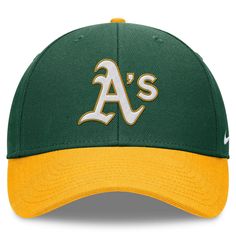 Top off any fan look with this Oakland Athletics Evergreen hat. Crafted by Nike, it features bold graphics across the front and a flex design for all-day comfort. The Dri-FIT fabric wicks away moisture, perfect for when the on-field Oakland Athletics action heats up. Officially licensed Adjustable hook and loop fastener strap Brand: Nike Curved bill One size fits most Imported Material: 100% Polyester Wipe clean with a damp cloth Embroidered graphics with raised details Six panels with eyelets S Nike Outdoor Hat With Curved Visor, Nike Sports Hats With Curved Bill, Nike Curved Bill Hats For Sports Events, Nike Hats For Sports Events With Curved Bill, Nike Hat With Embroidered Logo And Curved Brim, Nike Curved Bill Baseball Cap For Sports Events, Team-colored Curved Brim Hat For Fans, Nike Baseball Cap With Curved Bill For Sports Events, Team-colored Curved Bill Hats For Sports Events