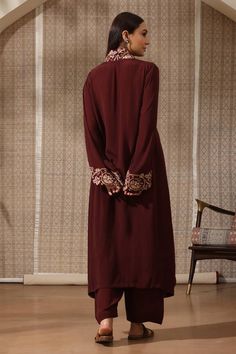 Brown flared sleeves stand collar V neck asymmetric kurta with leaflet print and fleur aari embroidered details on the neckline and sleeves. Paired with a pant. - Aza Fashions Elegant Embroidered Kurta For Work, Elegant Floral Embroidered Kurta For Workwear, Elegant Floral Embroidered Workwear Kurta, Traditional Embroidered Workwear Sets, Elegant Floral Embroidered Kurta For Work, Elegant Floral Embroidery Workwear Kurta, Traditional Palazzo Set With Embroidered Sleeves For Eid, Elegant Designer Wear Sets With Stand Collar, Elegant Designer Sets With Stand Collar