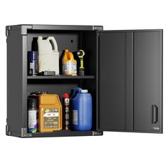 an open storage cabinet filled with various items