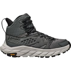 When bagging peaks, we keep it quick and steady with the HOKA Anacapa Breeze Mid Hiking Shoe. Built with HOKA's Hubble Geometry tech, the light yet rugged platform flares side to side and out the back for a more stable stride on technical, rolling terrain, while the sticky rubber and multi-directional lugs shore up every step. As we tick off the miles, the plush foam absorbs shock and returns energy to fight off fatigue, and the airy mesh panels keep our feet breathing easy. Functional Gray Trail Running Shoes For Outdoor, Functional Gray Trail Running Shoes For Outdoor Activities, Functional Trail Running Shoes With Reflective Details, Functional Hiking Boots, Functional Gray Trail Running Shoes For Hiking, Functional Gray Hiking Boots, Functional Fade-resistant Hiking Boots, Hoka Anacapa, Backpacking Boots