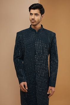 Teal full sleeve achkan with cutdana embroidery in floral pattern. Paired with off-white mexican pant. - Aza Fashions Cutdana Embroidery, Fashion App, Silk Embroidery, Aza Fashion, Full Sleeve, Floral Pattern, Off White, For Men, Embroidery