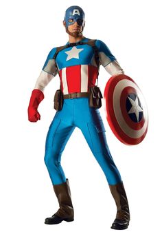 a man dressed as captain america holding a shield