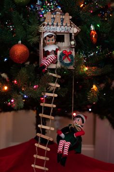 an elf is climbing up the ladder to his christmas tree