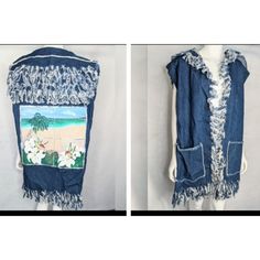 Handmade And Painted Denim Vest With Pockets And Fringe Size Xl - Measurements Below Tropical Scene Painted On Back- 1992 Signed Large Collar In Back, Fringed Large Pockets Never Worn From A Non Smoking Environment Chest: 24.5" Arm Pit To Arm Pit Abdomen: 49" Hem: 51" Length With Fringe: 36" Hand Washing Suggested Summer Bohemian Outerwear With Frayed Hem, Summer Light Wash Outerwear With Frayed Hem, Denim Blue Summer Outerwear For Day Out, Summer Denim Blue Outerwear For Day Out, Medium Wash Denim Jacket For Summer Day Out, Denim Outerwear For Summer Day Out, Denim Blue Outerwear With Frayed Hem For Summer, Blue Denim Jacket With Frayed Hem For Summer, Light Wash Denim Vest With Frayed Hem For Summer