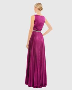 Stunning pleated gown with bateau neckline and hand-beaded waist detailing. Ieena for Mac Duggal Pleated satin overlay; 100% polyester lining Fully lined Bateau neckline Sleeveless Hand-beaded waist detail Concealed back zipper Approx. 62.5" from top of shoulder to bottom hem Available in Berry (dark pink) Style #26610 Pleated Gown, Bride Groom Dress, Mac Duggal, Bateau Neckline, Pink Style, Groom Dress, Boat Neckline, Pink Fashion, Dark Pink