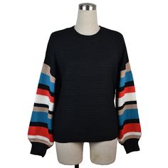 Black Splice Multicolor Stripe Long Sleeve Sweater Black Striped Sleeve Sweater For Fall, Black Sweater With Striped Sleeves For Fall, Black Long Sleeve Sweater With Striped Sleeves, Black Sweater With Striped Long Sleeves, Black Patchwork Crew Neck Sweater, Black Crew Neck Sweater With Patchwork, Black Casual Sweater With Contrast Stripes, Black Spring Sweater With Ribbed Cuffs, Black Sweater With Ribbed Cuffs For Spring