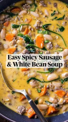 easy spicy sausage and white bean soup in a blue bowl with a spoon on the side