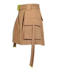 Button closure | Mid rise | Regular fit | Belted waist; Two side cargo pockets and one back patch pocket | Hand wash | Main: 97% Cotton, 3% Elastane; Lining: 100% Cotton | Made in Italy Khaki Work Bottoms With Flap Pockets, Khaki Bottoms With Flap Pockets For Workwear, Beige Workwear Bottoms With Flap Pockets, Utility High-waisted Shorts With Side Pockets, High Waist Utility Shorts With Side Pockets, High-waisted Utility Shorts With Side Pockets, Short Cargo Skirt With Pockets For Work, Utility High Waist Shorts With Belt Loops, High Waist Utility Shorts With Belt Loops