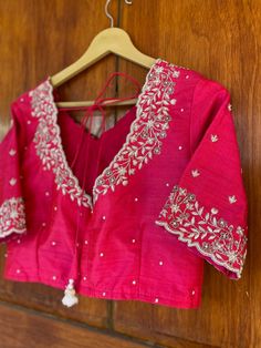 Pink Color Maggam Work Blouse Designs, Maggam Work For Crop Top Blouse, Raw Silk Maggam Work Blouses, Pink Blouse With Silver Work, Pink Blouse Embroidery Designs Silk, Pink Color Blouse Designs Latest, Pink Silk Blouse Designs, Pink Blouse Silver Maggam Work, Silver Embroidery Blouse Designs