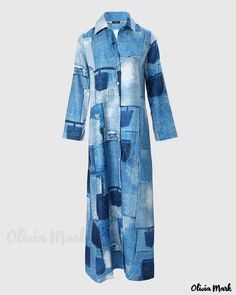 Olivia Mark - Long jacket with denim look print Long Denim Shirt Dress, Long Denim Jacket, Denim Shirt Dress, Long Sleeve Blazers, Denim Coat, Blazer Coat, Long A Line, Free Giveaway, Print Tops