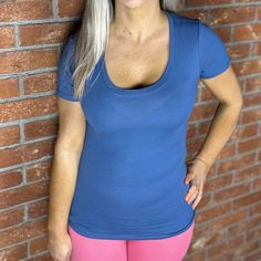 Wear Alone Or As A Layering Piece 95% Cotton, 5% Spandex Questions? Leave A Comment Below! Fitted Seamless Blue Top, Blue Fitted Workout T-shirt, Basic Stretch Blue Tops, Blue Seamless Athleisure Top, Basic Blue Stretch Tops, Blue Stretch Scoop Neck Top, Basic Fitted Blue Top, Basic Blue Fitted Top, Basic Blue Scoop Neck Top